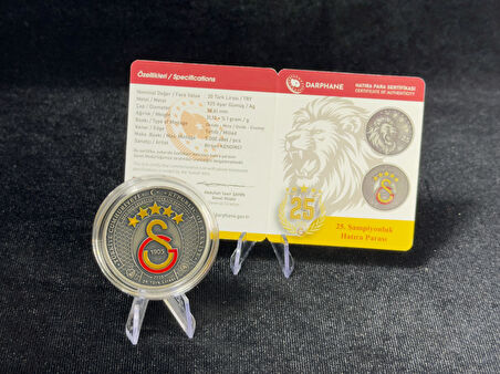 Galatasaray – 25. Şampiyonluk Gümüş/Okside Hatıra Sikkesi (Darphane, 925 Ayar, Mineli)