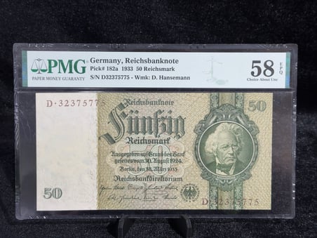 ALMANYA 1933 50 REICHSMARK BANKNOT WEIMAR CUMHURİYETİ DÖNEMİ PMG 58 EPQ PICK 182a SERTİFİKALI TARİHÎ BANKNOT