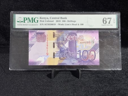KENYA 2019 100 ŞİLİN BANKNOT – PMG 67 EPQ SUPERB GEM UNC – ASLAN FİLİGRANLI – SERTİFİKALI
