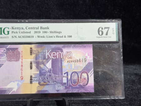 KENYA 2019 100 ŞİLİN BANKNOT – PMG 67 EPQ SUPERB GEM UNC – ASLAN FİLİGRANLI – SERTİFİKALI