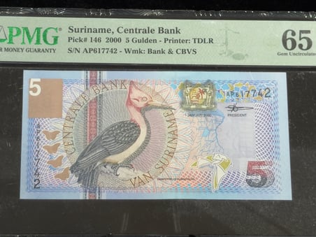 SURİNAM 2000 – 5 GULDEN – PMG 65 EPQ GEM UNCIRCULATED – PICK# 146