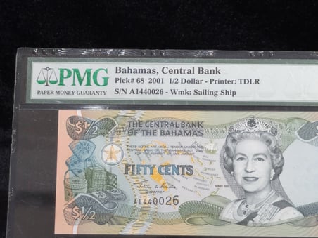 BAHAMALAR 2001 – ½ DOLAR (50 CENTS) – PMG 65 EPQ GEM UNCIRCULATED – PICK# 68
