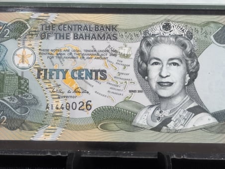 BAHAMALAR 2001 – ½ DOLAR (50 CENTS) – PMG 65 EPQ GEM UNCIRCULATED – PICK# 68