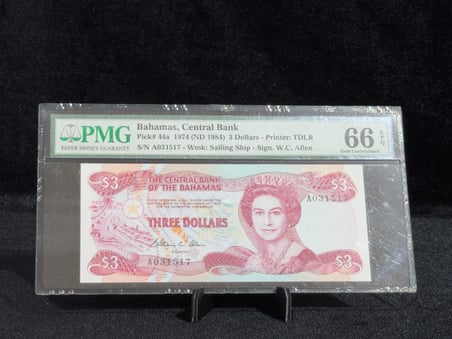 BAHAMALAR 1974 (ND 1984) – 3 DOLAR – PMG 66 EPQ GEM UNCIRCULATED – PICK# 44a