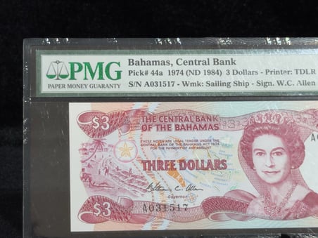 BAHAMALAR 1974 (ND 1984) – 3 DOLAR – PMG 66 EPQ GEM UNCIRCULATED – PICK# 44a