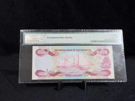 BAHAMALAR 1974 (ND 1984) – 3 DOLAR – PMG 66 EPQ GEM UNCIRCULATED – PICK# 44a