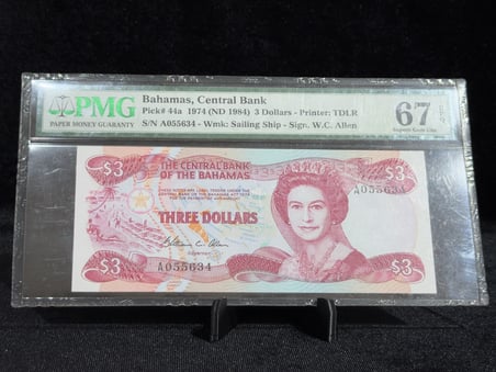 BAHAMALAR 1984 – 3 DOLAR – KRALİÇE II. ELIZABETH – PMG 67 EPQ SUPERB GEM UNCIRCULATED – PICK# 44a