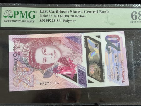 DOĞU KARAYİPLER 2019 – 20 DOLAR – PMG 68 EPQ SUPERB GEM UNC – POLİMER BANKNOT