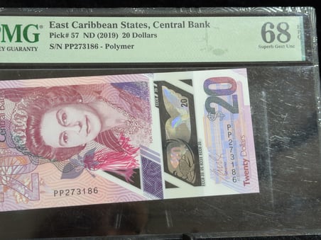 DOĞU KARAYİPLER 2019 – 20 DOLAR – PMG 68 EPQ SUPERB GEM UNC – POLİMER BANKNOT