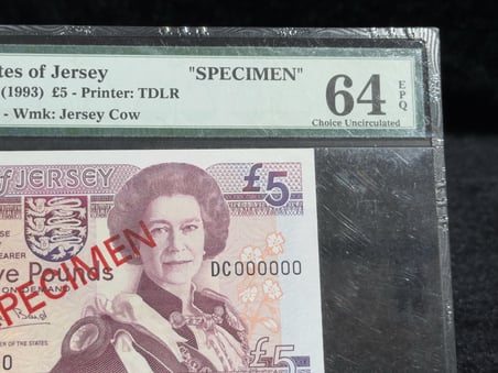 JERSEY 1993 – 5 POUND SPECIMEN BANKNOT | PMG 64 EPQ | PICK#21s