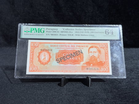 PARAGUAY 1952 (ND 1979) – 100 GUARANİES SPECIMEN | PMG 64 | PICK#199CS1