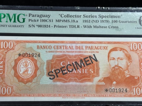 PARAGUAY 1952 (ND 1979) – 100 GUARANİES SPECIMEN | PMG 64 | PICK#199CS1