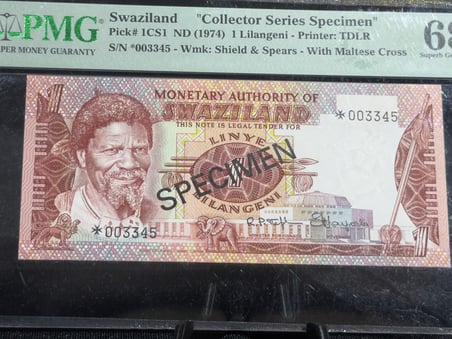 TOP POP SVAZİLAND 1974 – 1 LİLANGENİ SPECIMEN | PMG 68 EPQ | PICK#1CS1