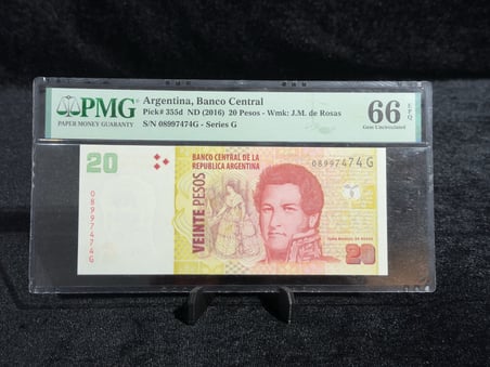 ARJANTİN 2016 – 20 PESOS | PMG 66 EPQ GEM UNCIRCULATED | PICK#355d