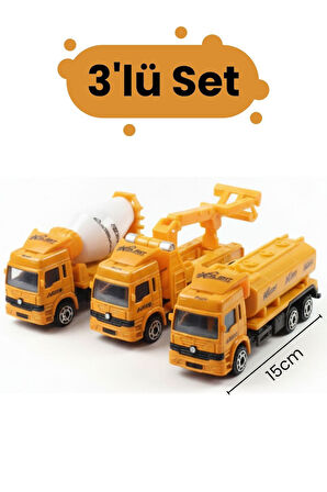 3’lü İnşaat Kamyon Seti – 15 cm Oyuncak Beton Mikseri, Vinç ve Tanker