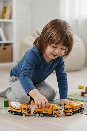 3’lü İnşaat Kamyon Seti – 15 cm Oyuncak Beton Mikseri, Vinç ve Tanker