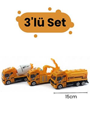 3’lü İnşaat Kamyon Seti – 15 cm Oyuncak Beton Mikseri, Vinç ve Tanker