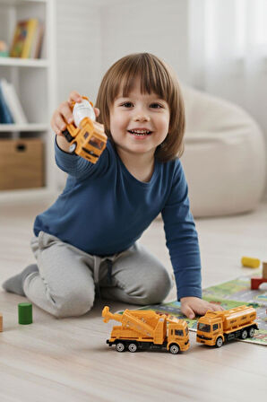 3’lü İnşaat Kamyon Seti – 15 cm Oyuncak Beton Mikseri, Vinç ve Tanker