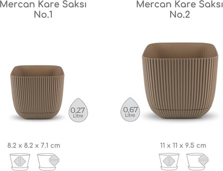 Mercan Kare Saksı Seti 0,27 litre + 0,67 litre, İç Mekan - Dış Mekan 2li Ekonomik Gizli Su Hazneli Plastik Saksı Set Kahve Renk
