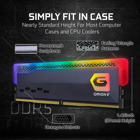 GEIL ORION V RGB GAVSG532GB5600C38ADC 32GB (2x16GB) DDR5 5600MHz CL38, XMP 3.0, On-Die ECC &amp; PMIC, RGB Aydınlatma, Alüminyum Soğutucu, Gri