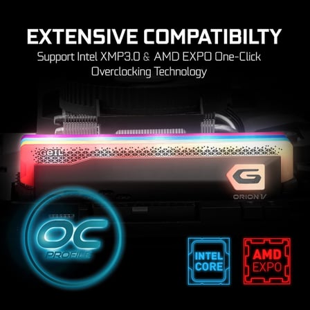 GEIL ORION V RGB GAVSG532GB5600C38ADC 32GB (2x16GB) DDR5 5600MHz CL38, XMP 3.0, On-Die ECC &amp; PMIC, RGB Aydınlatma, Alüminyum Soğutucu, Gri