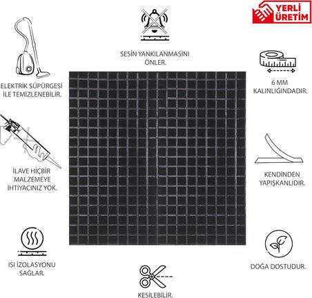 Akustik Ve Dekoratif Kare Desenli Keçe Panel 45x90 Cm / 2 Adet / 0,81 M² Siyah