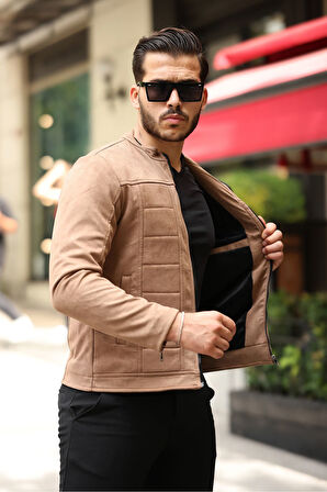 Erkek Su ve Rüzgar Geçirmez Slim Fit Astarlı Mevsimlik Süet Ceket
