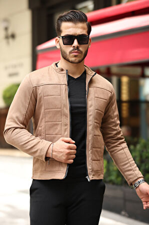 Erkek Su ve Rüzgar Geçirmez Slim Fit Astarlı Mevsimlik Süet Ceket