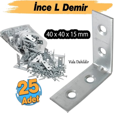 (25 ADET) Metal Köşebent 40x40x15 mm İnce L Demiri Gönye Mobilya Duvar Sabitleme Bağlantı Aparatı