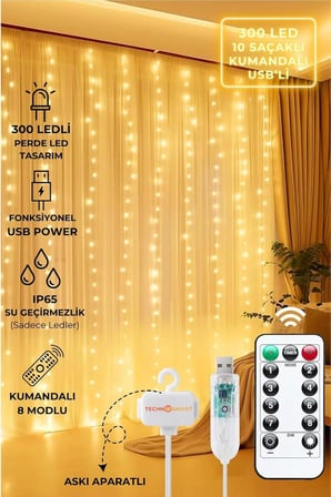 3x3 Metre Perde Led Işık, 300 Ledli 10 Sarkıtlı Dekoratif Peri Led, Uzaktan Kumandalı ve 8 Fonksiyonlu, USB Girişli Günışığı (Sarı) Duvar ve Perde Aydınlatması