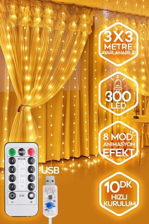 3x3 Metre Perde Led Işık, 300 Ledli 10 Sarkıtlı Dekoratif Peri Led, Uzaktan Kumandalı ve 8 Fonksiyonlu, USB Girişli Günışığı (Sarı) Duvar ve Perde Aydınlatması