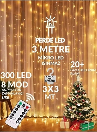 3x3 Metre Perde Led Işık, 300 Ledli 10 Sarkıtlı Dekoratif Peri Led, Uzaktan Kumandalı ve 8 Fonksiyonlu, USB Girişli Günışığı (Sarı) Duvar ve Perde Aydınlatması