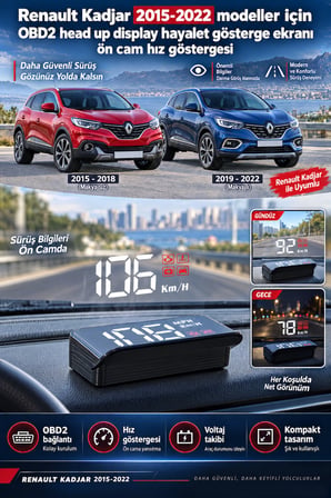 Renault Kadjar 2015-2022 modeller için OBD2 head up display hayalet gösterge ekranı ön cam hız göstergesi
