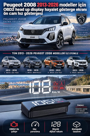 Peugeot 2008 2013-2026 modeller için OBD2 head up display hayalet gösterge ekranı ön cam hız göstergesi