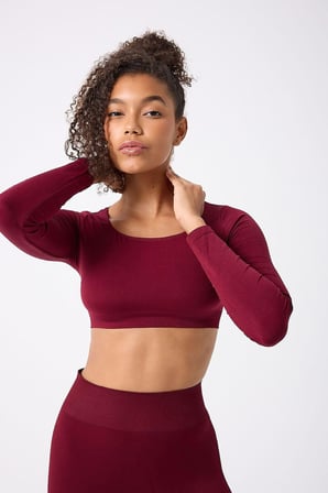 Kare Yaka Uzun Kollu Crop Top Seamless bordo-S