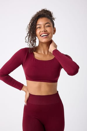 Kare Yaka Uzun Kollu Crop Top Seamless bordo-S