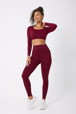 Kare Yaka Uzun Kollu Crop Top Seamless bordo-S