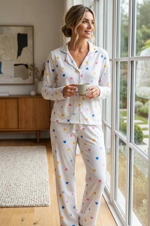 Renkli Kalp Desenli Milano Örme Önden Düğmeli Gömlek Yaka Uzun Kollu Pijama Takımı