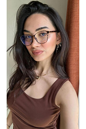 Elanor Leopar Desenli Metal Menteşeli Esnek Hafif Köşeli Cat Eye Mavi Işık korumalı Gözlük