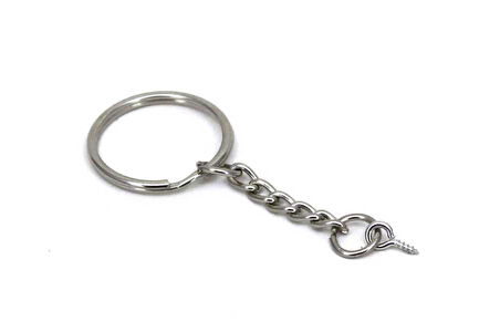 25 mm ZİNCİRLİ ANAHTARLIK HALKASI VE 5x10 mm HALKALI VİDA SETİ, NİKEL KAPLAMA