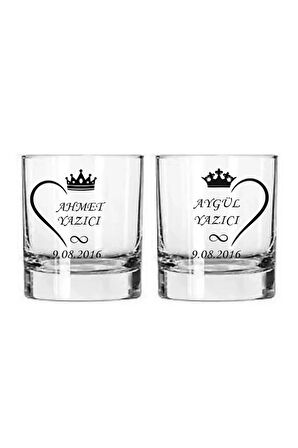  2 li Kalpli Taçlı Tarihli ve İsimli Viski Bardağı