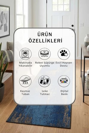 Yıkanabilir Kaymaz Yersada Dijital Baskılı Yolluk Halı Tüy Tutmaz Lacivert