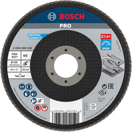 Bosch 1 x PRO Metal X571 Yelpaze Taşlama Diski, Açılı Tasarım, Fiber, Küçük Açılı Taşlama Makinesi için (Çelik, Paslanmaz Çelik, Ø 125 mm, Granülasyon 60, Profesyonel Aksesuar, Küçük Açılı Taşlama