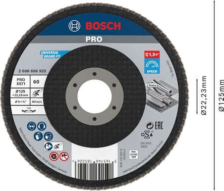 Bosch 1 x PRO Metal X571 Yelpaze Taşlama Diski, Açılı Tasarım, Fiber, Küçük Açılı Taşlama Makinesi için (Çelik, Paslanmaz Çelik, Ø 125 mm, Granülasyon 60, Profesyonel Aksesuar, Küçük Açılı Taşlama