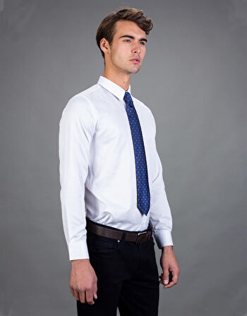 Modern Slim Fit Uzun Kollu Pamuklu Kolay Ütü Armürlü Erkek Beyaz Gömlek