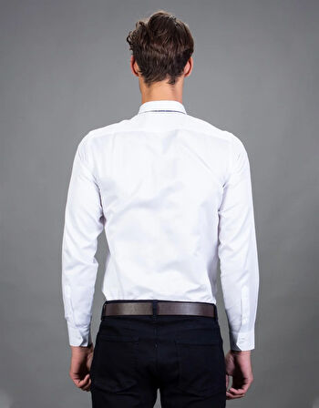 Modern Slim Fit Uzun Kollu Pamuklu Kolay Ütü Armürlü Erkek Beyaz Gömlek