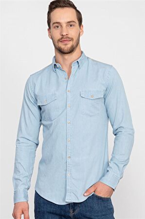 Tudors Slim Fit Dar Kesim Uzun Kol Çift Cep Unisex Kot Gömlek
