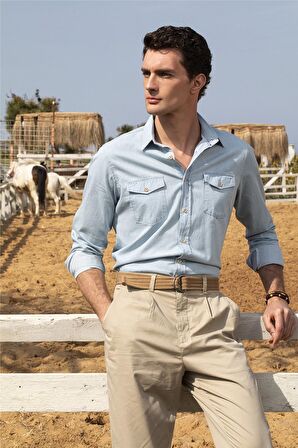 Tudors Slim Fit Dar Kesim Uzun Kol Çift Cep Unisex Kot Gömlek