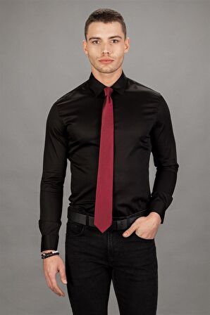 Tudors Süper Slim Fit Dar Kesim Likralı Düz Saten Erkek Gömlek