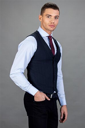 Tudors Slim Fit Dar Kesim Kendinden Desenli Erkek Yelek